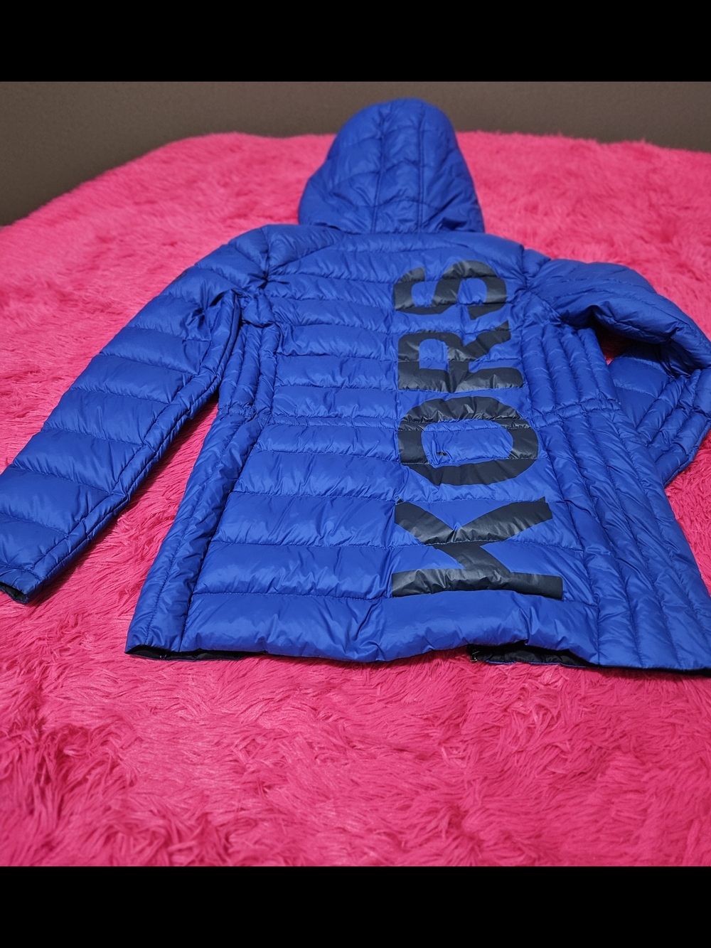 Michael Kors Kids Bright Blue Hooded Puffer Jacket with Black Logo